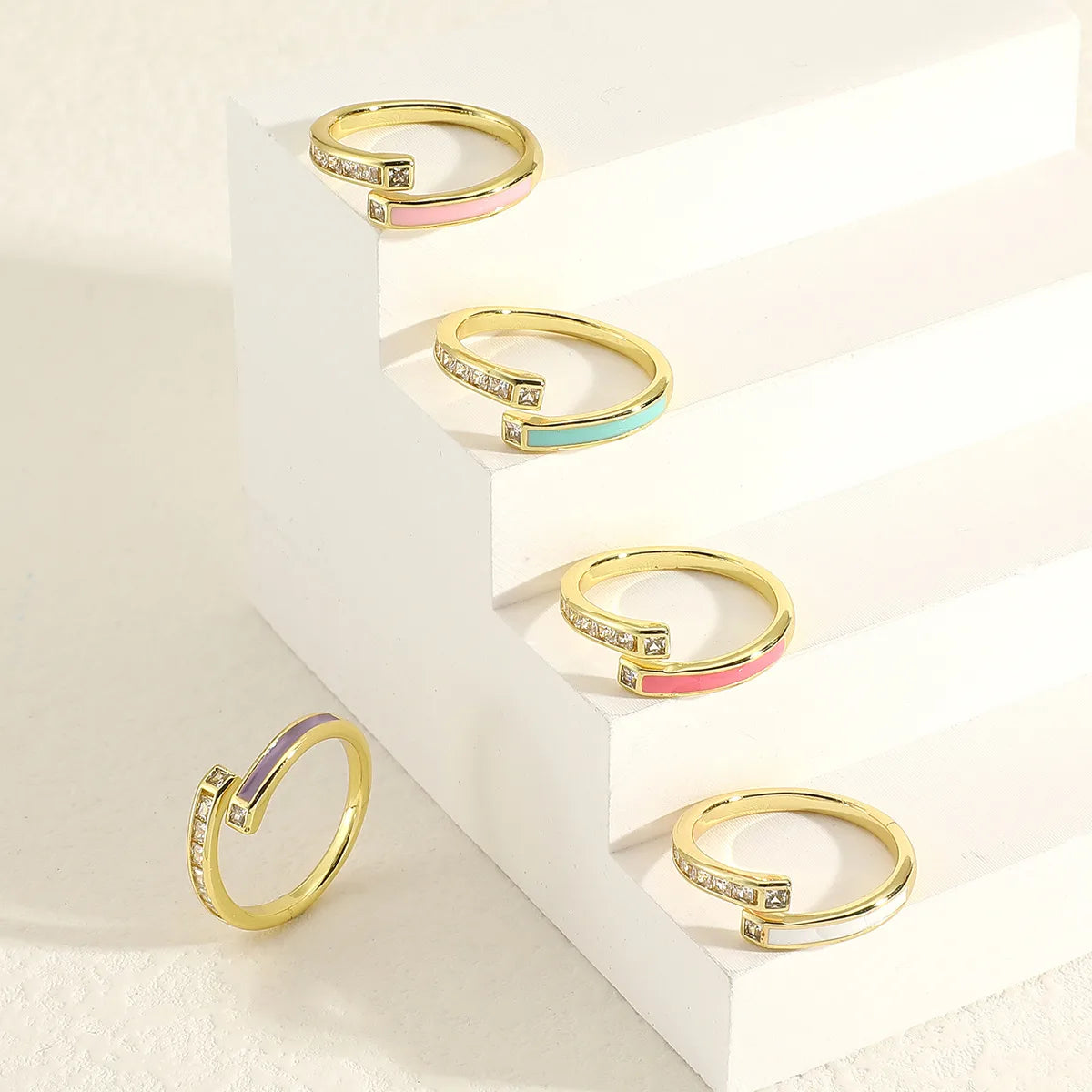 Copper Simple Style Enamel Plating Inlay Geometric Zircon Open Rings