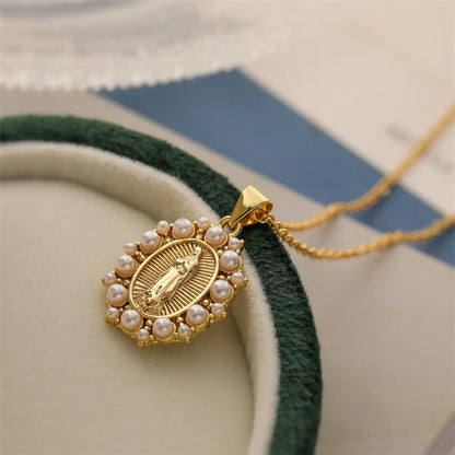 Copper Simple Style Plating Inlay Human Oval Pearl Zircon Pendant Necklace