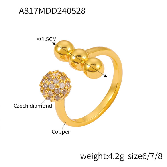 Copper Spherical Diamond Open Ring With Geometric Design And Electroplating