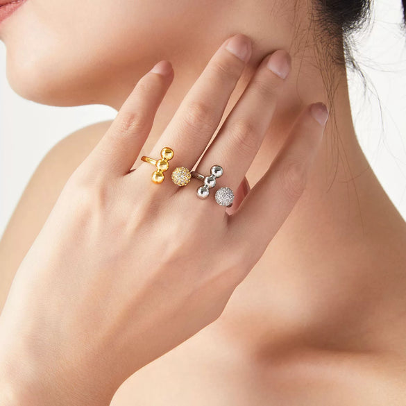 Copper Spherical Diamond Open Ring With Geometric Design And Electroplating