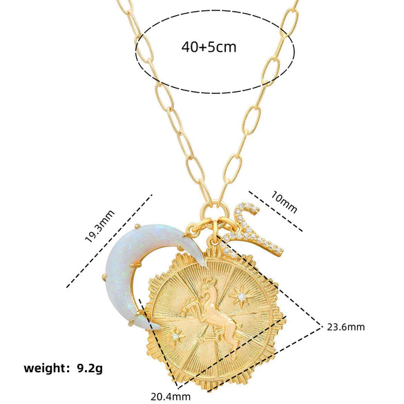 Copper Twelve Constellation Rune New Moon Opal Pendant Necklace With Paper Clip Chain Electroplated For Women
