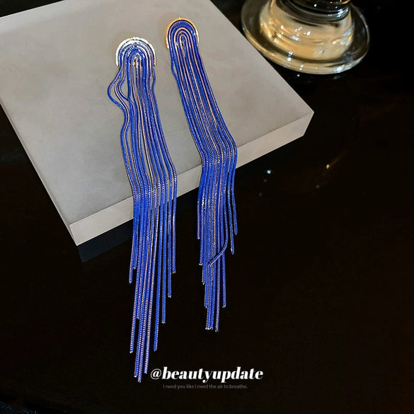 Copper Ushaped Chain Long Tassel Earrings With Geometric Pattern And Painting Treatment For Women