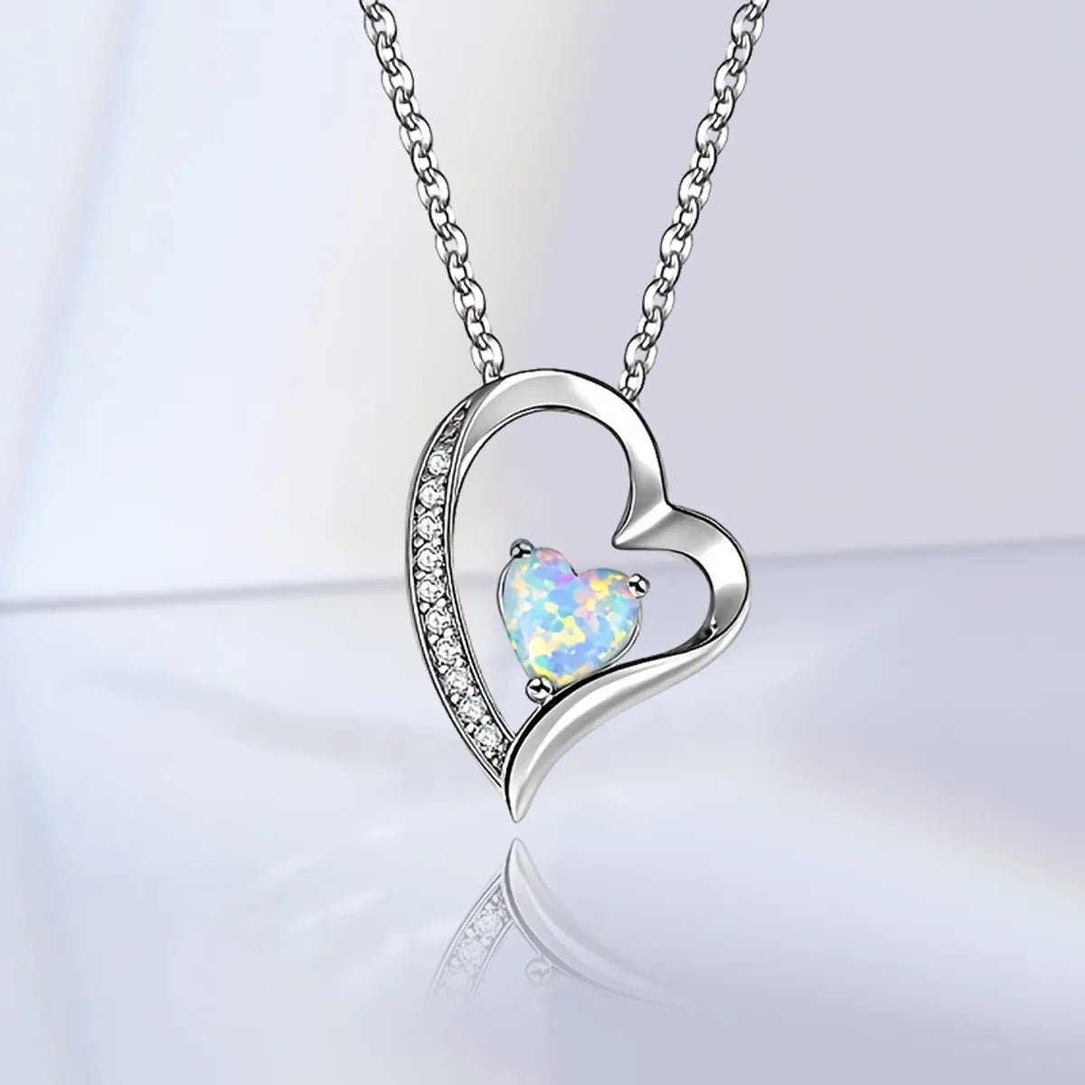 Copper White Gold Plated Elegant Heart Shape Plating Inlay Opal Pendant Necklace