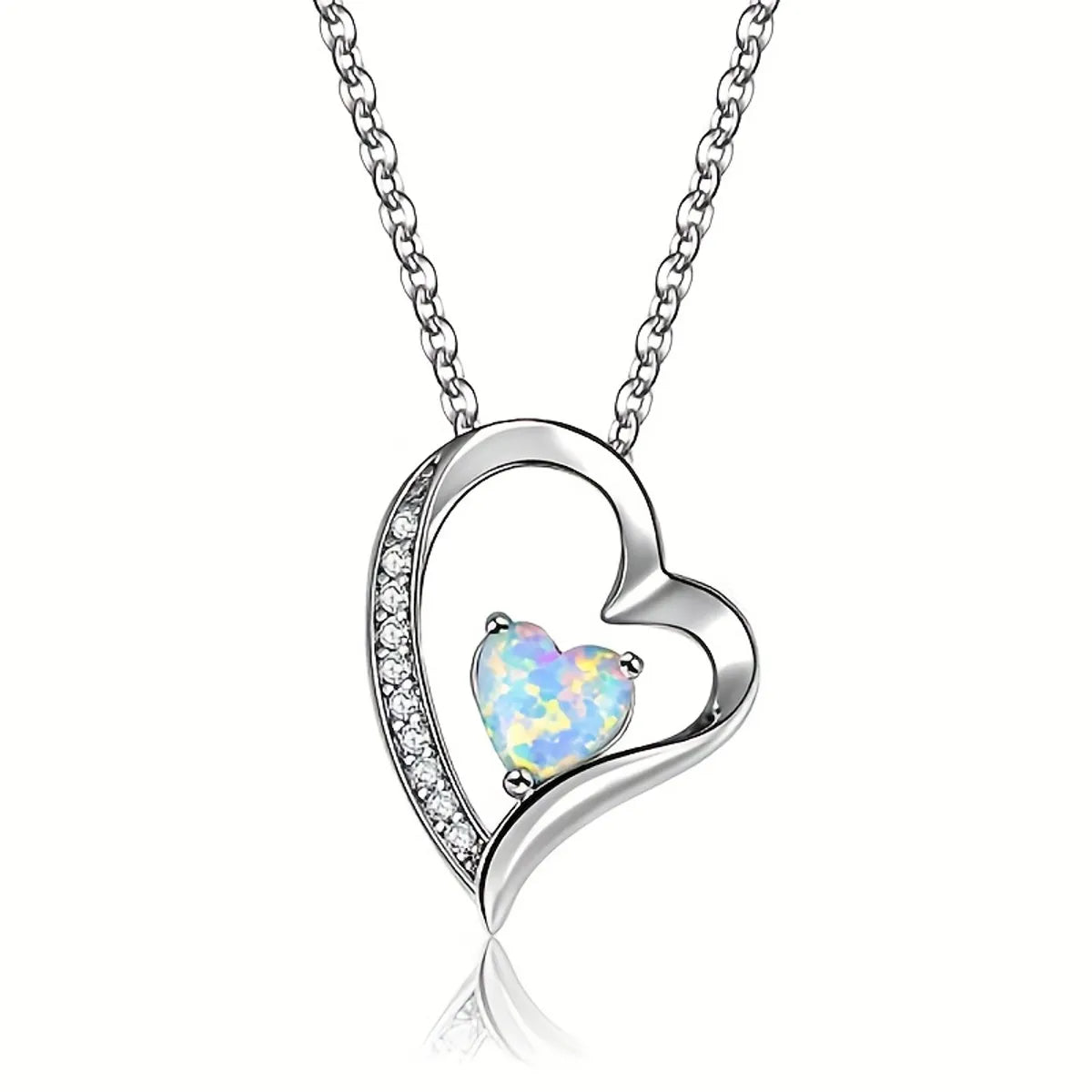 Copper White Gold Plated Elegant Heart Shape Plating Inlay Opal Pendant Necklace