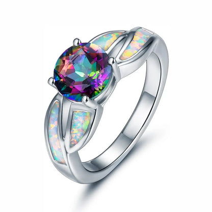 Copper White Gold Plated Gold Plated Plating Inlay Round Opal Zircon Rings