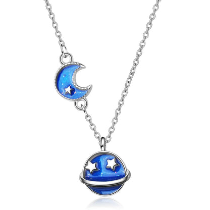 Copper White Gold Plated Simple Style Stoving Varnish Star Moon Planet Pendant Necklace