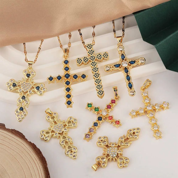 Copper Zircon Cross Pendant Lip Chain Fashion Jewelry For Women Geometric Style