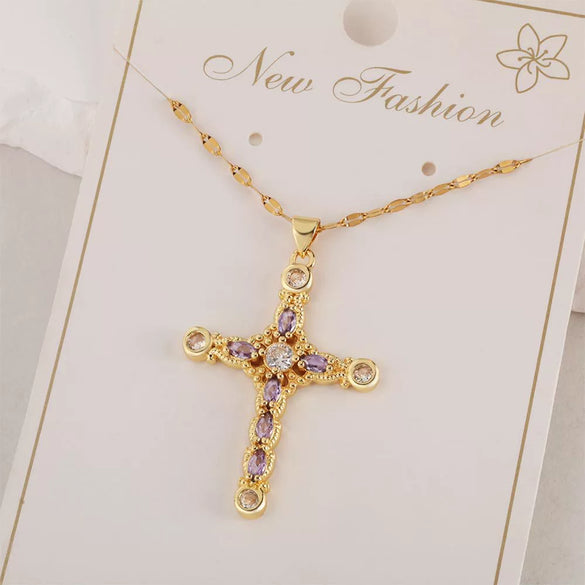 Copper Zircon Cross Pendant Lip Chain Fashion Jewelry For Women Geometric Style