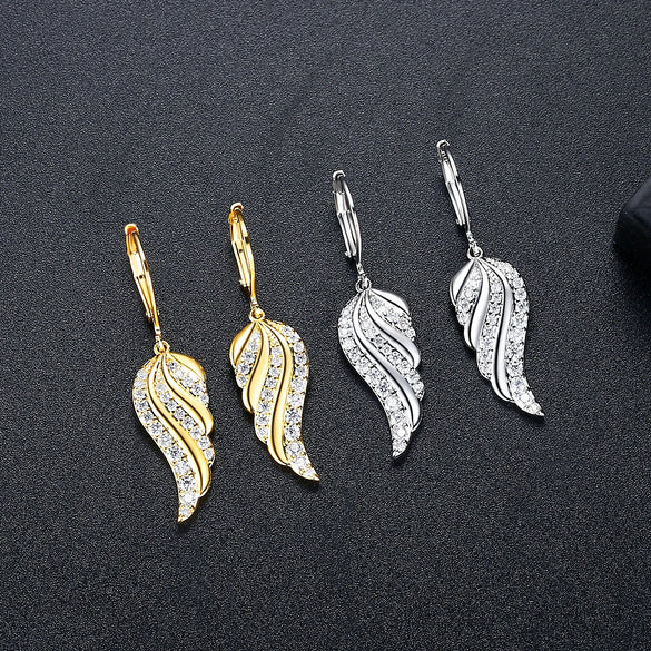 Copper Zircon Feather And Angel Wing Ear Hook Earrings With Geometric Design And Electroplated Finish For Women