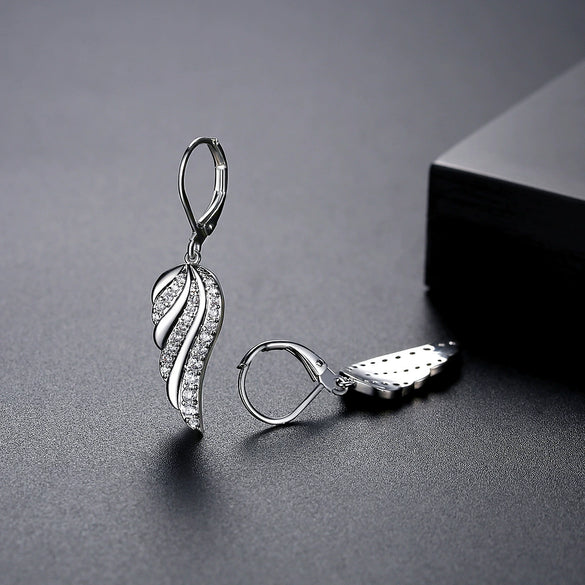 Copper Zircon Feather And Angel Wing Ear Hook Earrings With Geometric Design And Electroplated Finish For Women