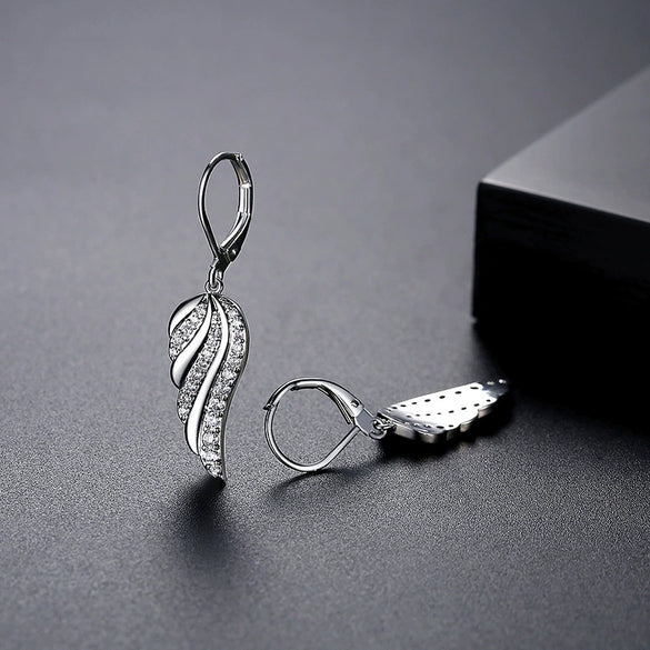 Copper Zircon Feather And Angel Wing Ear Hook Earrings With Geometric Design And Electroplated Finish For Women