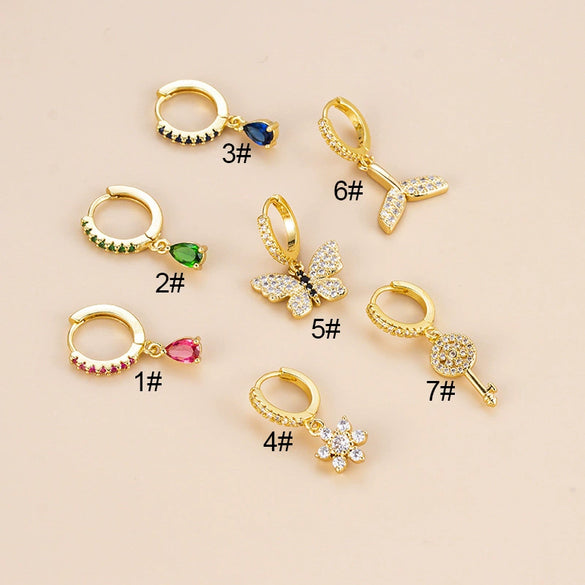 Copper Zircon Women's Drop Shape Butterfly Flower Fish Tail Key Pendant Earring For Cartilage Piercing