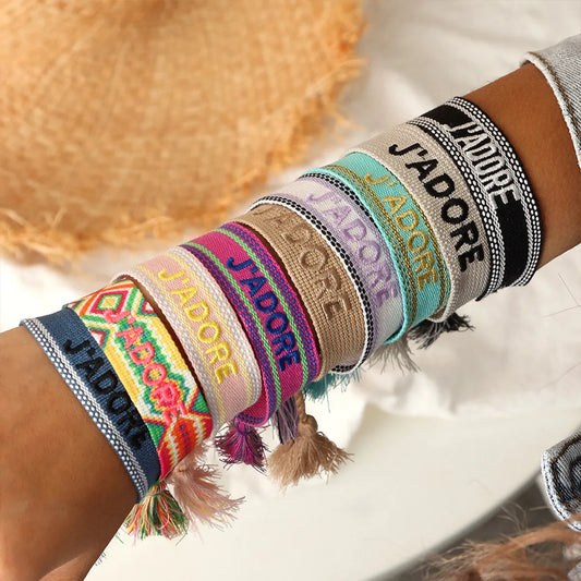 Cross-border  Cotton Woven Colorful Nepal Ethnic Style Hand-woven Long Fringe I Like Bracelets For Women Wholesale