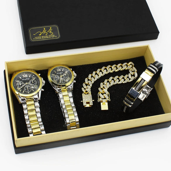 Couple Fashion Alloy Wristwatch Set With Round Dial And Printed Logo