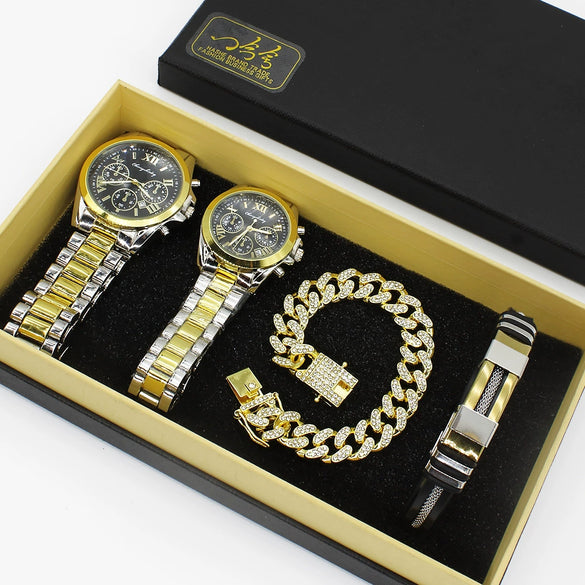 Couple Fashion Alloy Wristwatch Set With Round Dial And Printed Logo