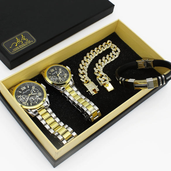 Couple Fashion Alloy Wristwatch Set With Round Dial And Printed Logo