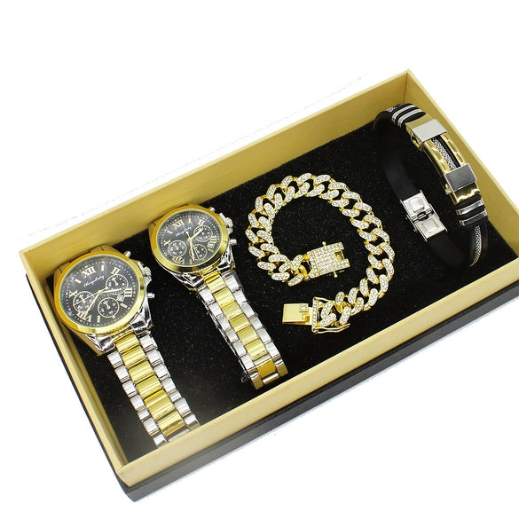 Couple Fashion Alloy Wristwatch Set With Round Dial And Printed Logo