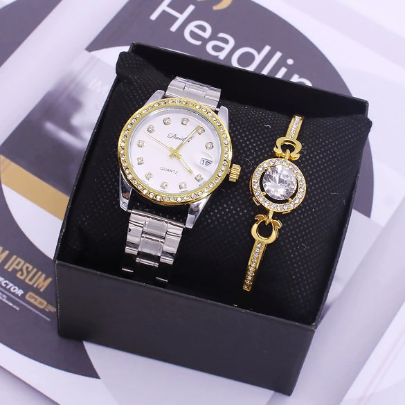 Couple Fashion Waterproof Quartz Wrist Watch Set Alloy And Stainless Steel Round Dial