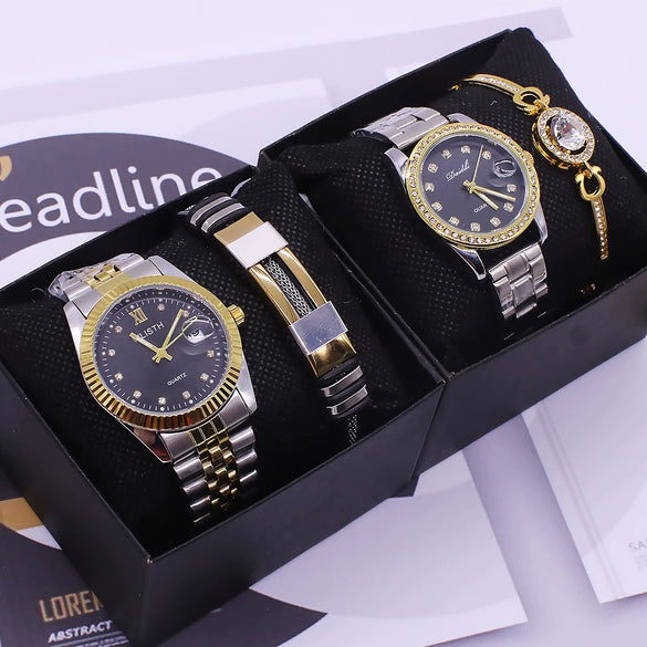 Couple Fashion Waterproof Quartz Wrist Watch Set Alloy And Stainless Steel Round Dial