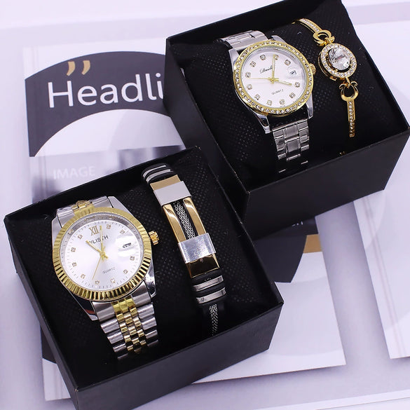 Couple Fashion Waterproof Quartz Wrist Watch Set Alloy And Stainless Steel Round Dial
