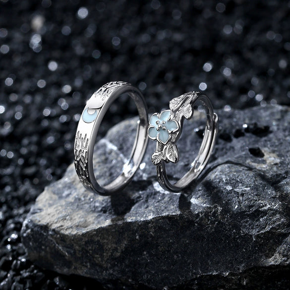 Couple Open Ring S925 Sterling Silver Flower Pattern Electroplating Minimalist Style