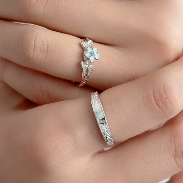 Couple Open Ring S925 Sterling Silver Flower Pattern Electroplating Minimalist Style