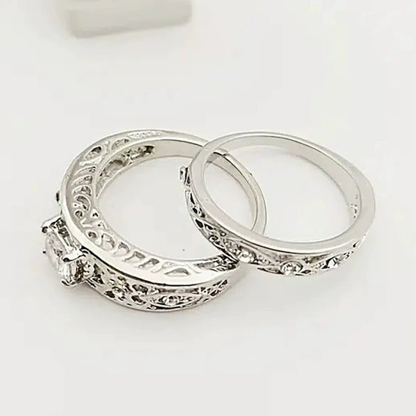 Couple Ring Copper Inlaid Zircon Hollow Flower Carving Crown Wave Pattern Design