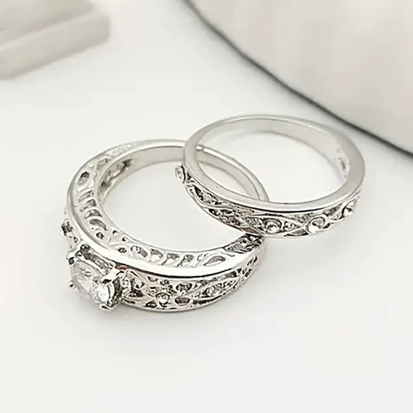 Couple Ring Copper Inlaid Zircon Hollow Flower Carving Crown Wave Pattern Design