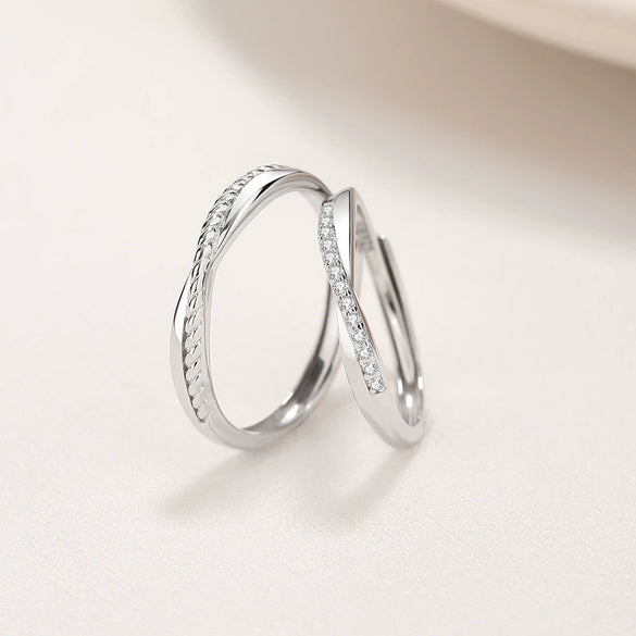 Couple Ring 925 Silver Mobius Twist Geometric Diamond Design
