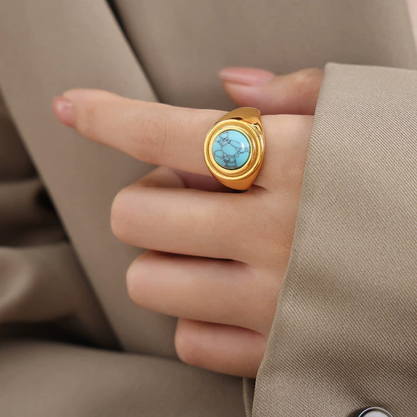 Couple Ring Tiger Eye Stone Blue Turquoise Titanium Steel 18K Gold Non Fading Retro Geometric Niche Design Electroplating