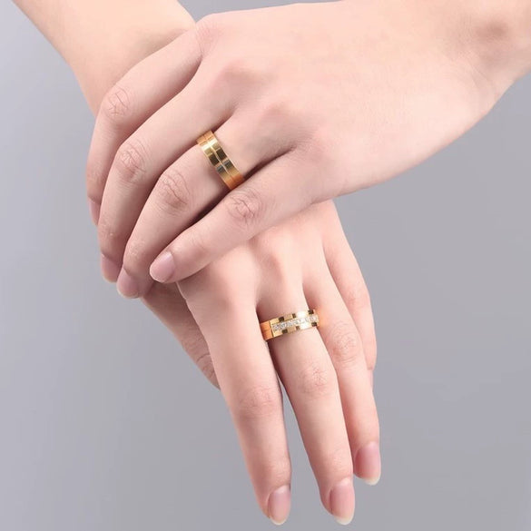 Couple Ring Titanium Steel Simple Geometric Electroplated Gold Inlaid Zircon Jewelry