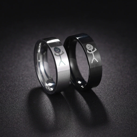 Couple Ring Titanium Steel Stickman Geometric Pattern Electroplated