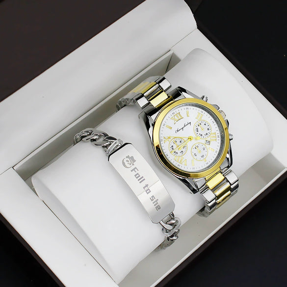 Couple Stainless Steel And Alloy Quartz Watch Set With Round Dial And Fashionable Style