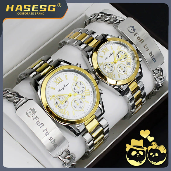Couple Stainless Steel And Alloy Quartz Watch Set With Round Dial And Fashionable Style