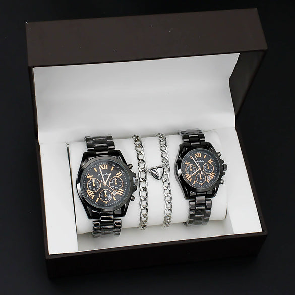 Couple Stainless Steel And Alloy Quartz Watch Set With Round Dial And Fashionable Style