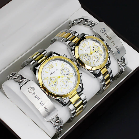 Couple Stainless Steel And Alloy Quartz Watch Set With Round Dial And Fashionable Style