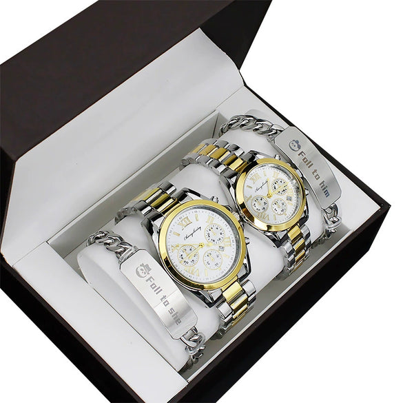 Couple Stainless Steel And Alloy Quartz Watch Set With Round Dial And Fashionable Style
