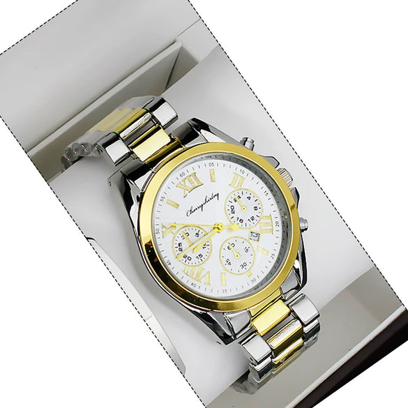 Couple Stainless Steel And Alloy Quartz Watch Set With Round Dial And Fashionable Style