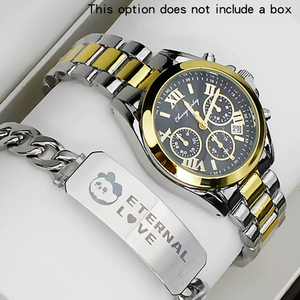 Couple Stainless Steel And Alloy Quartz Watch Set With Round Dial And Fashionable Style