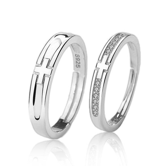 Couple Style 925 Sterling Silver Cross Pair Ring With Zircon And Geometric Pattern Microinlay