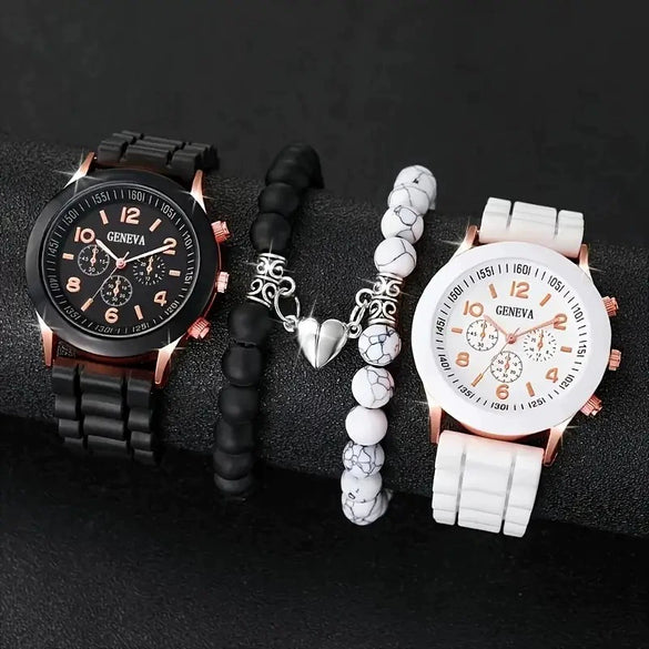 Couple Watch Set Alloy Case Silicone Strap Magnetic Heart Casual Style Round Dial
