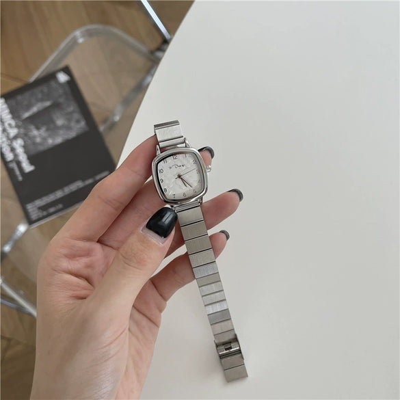 Couple Watch Vintage Square Dial Steel Belt Alloy Case Ordinary Glass Mirror Leisure Style