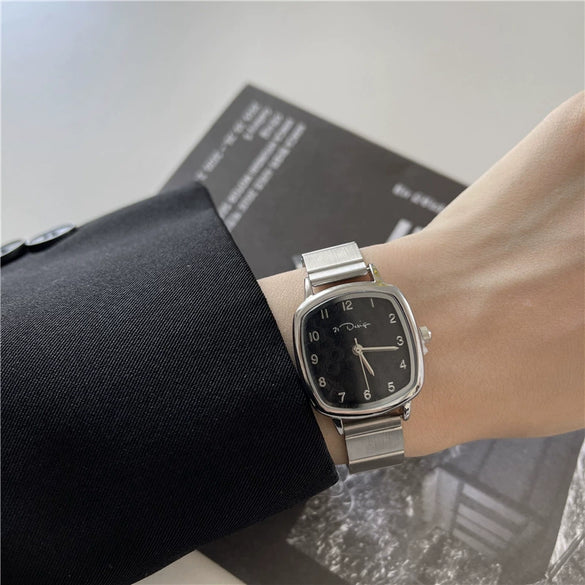 Couple Watch Vintage Square Dial Steel Belt Alloy Case Ordinary Glass Mirror Leisure Style