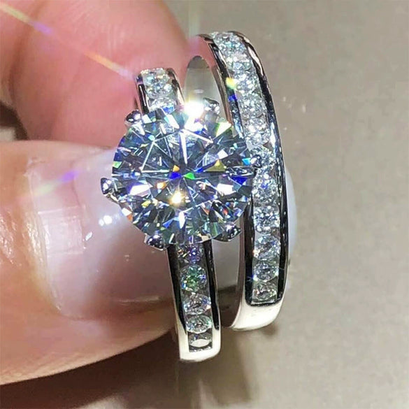 Couple Wedding Ring Set Copper Retro Geometric Inlaid Zircon Simulation Snowflake