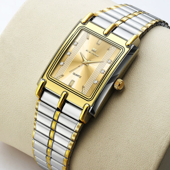 Couple's Business Style Alloy Case Stainless Steel Strap Rectangle Dial Watch With Printed Logo