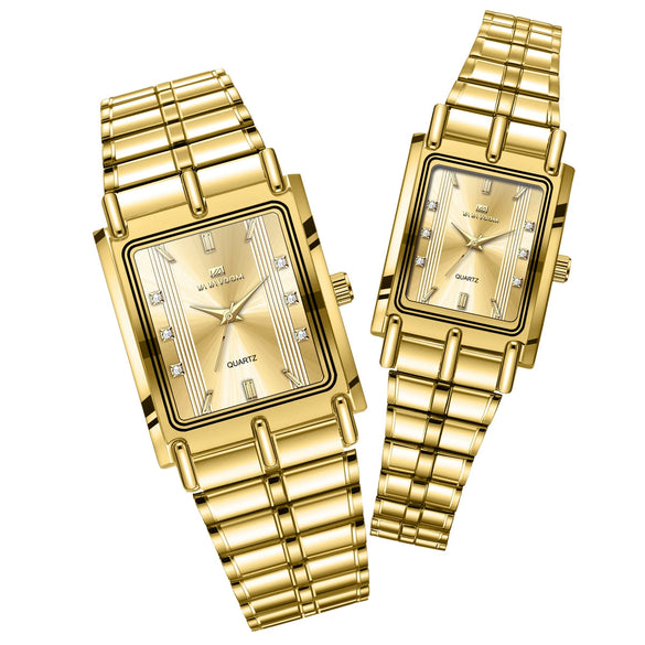 Couple's Business Style Alloy Case Stainless Steel Strap Rectangle Dial Watch With Printed Logo