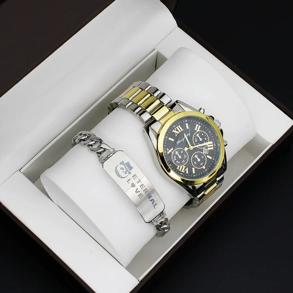 Couple's Fashion Alloy And Stainless Steel Round Dial Wristwatch Set With Gift Box