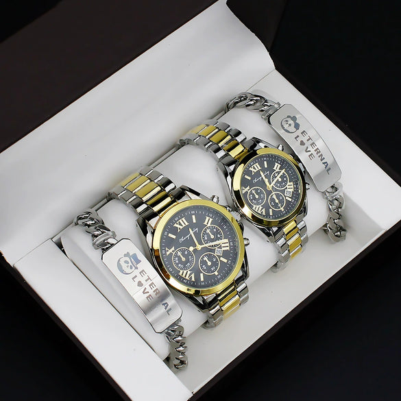 Couple's Fashion Alloy And Stainless Steel Round Dial Wristwatch Set With Gift Box