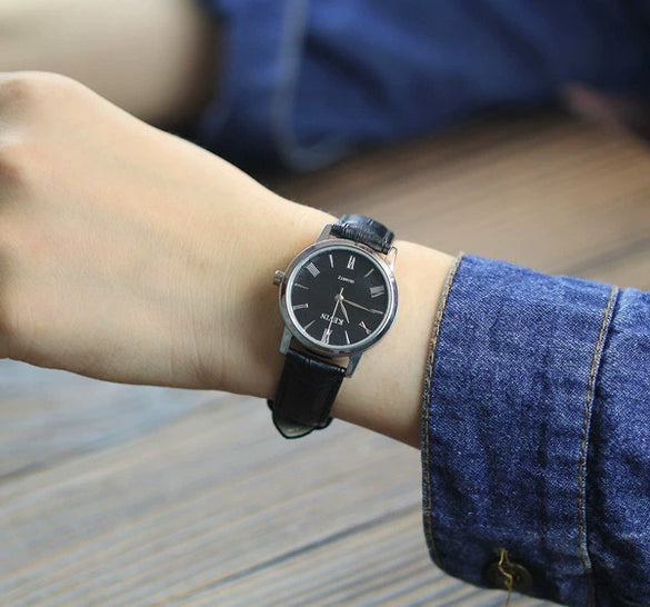 Couple's Genuine Leather And Alloy Watch Round Dial Pin Buckle Style