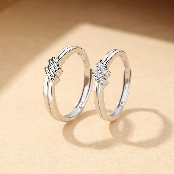 Couple's Pair S925 Sterling Silver Twin Knot Opening Ring Geometric Diamond Fashion Jewelry